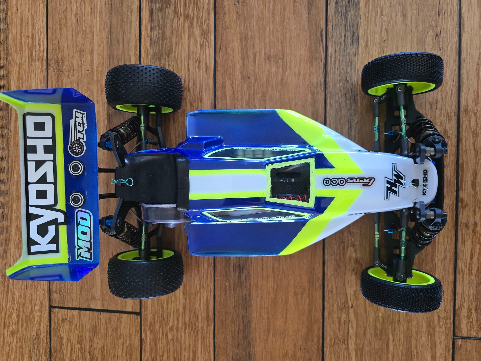 Vintage Kyosho Lazer ZX RC car ready for carpet race