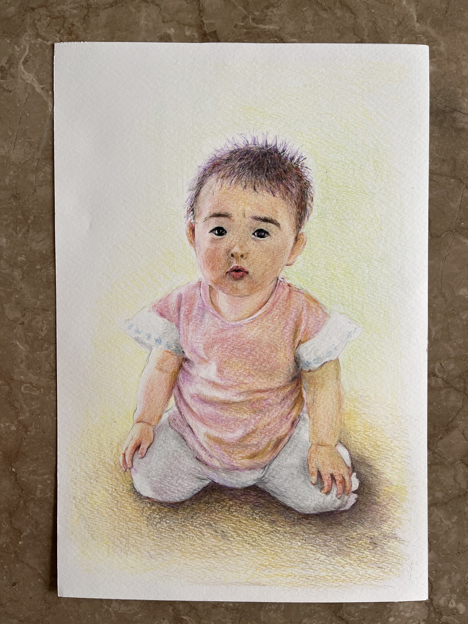 色鉛筆画（八つ切りサイズ） 「え？あんよ？？？やだ、怖い・・・」と