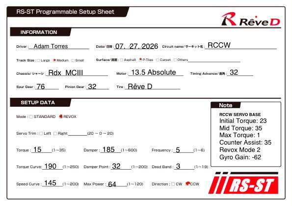 Rêve D Revox + RS-ST servo settings for RDX MCIII at RCCW