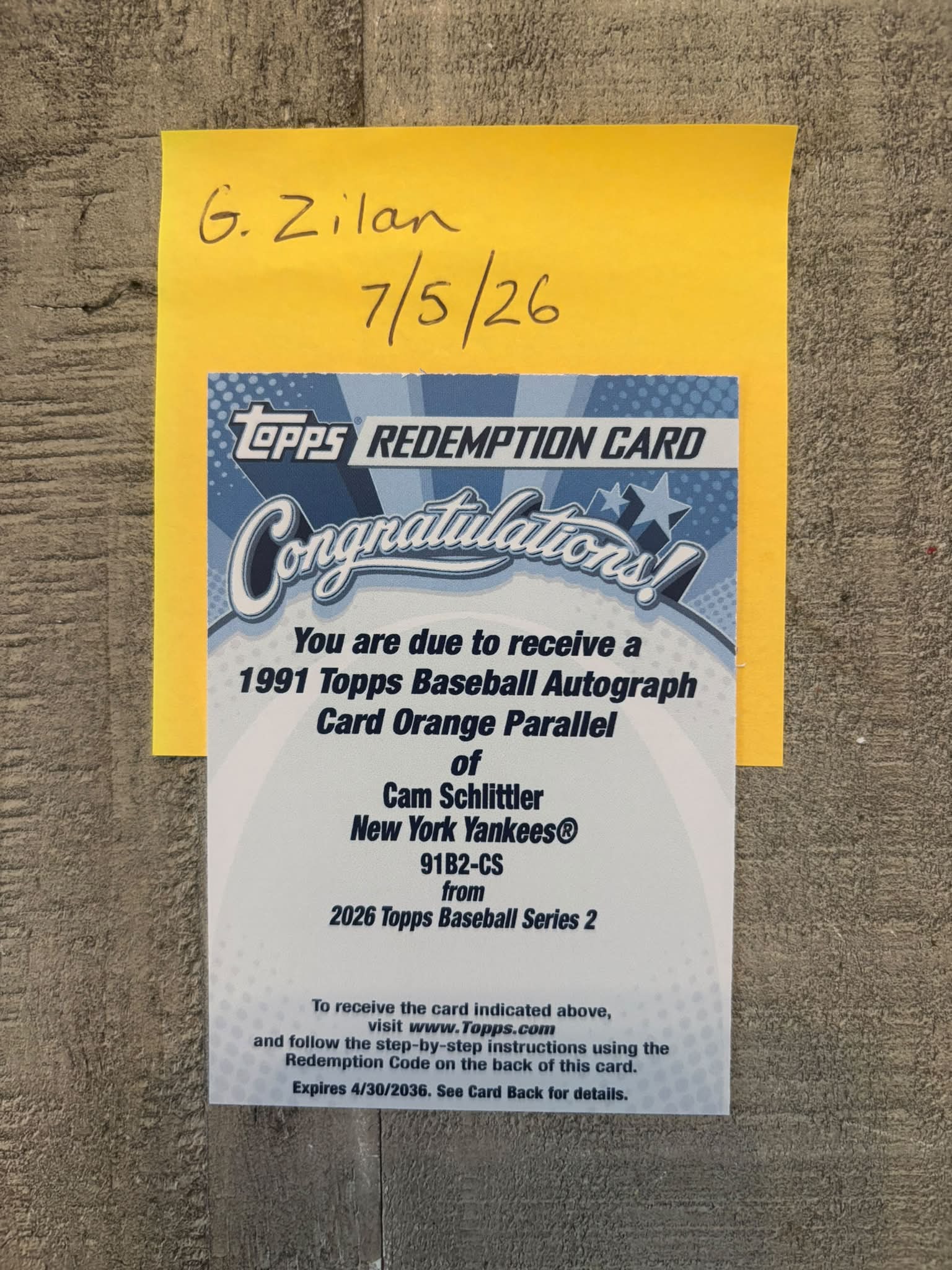 First Topps redemption for 1991 Topps Baseball Autograph Card Gold