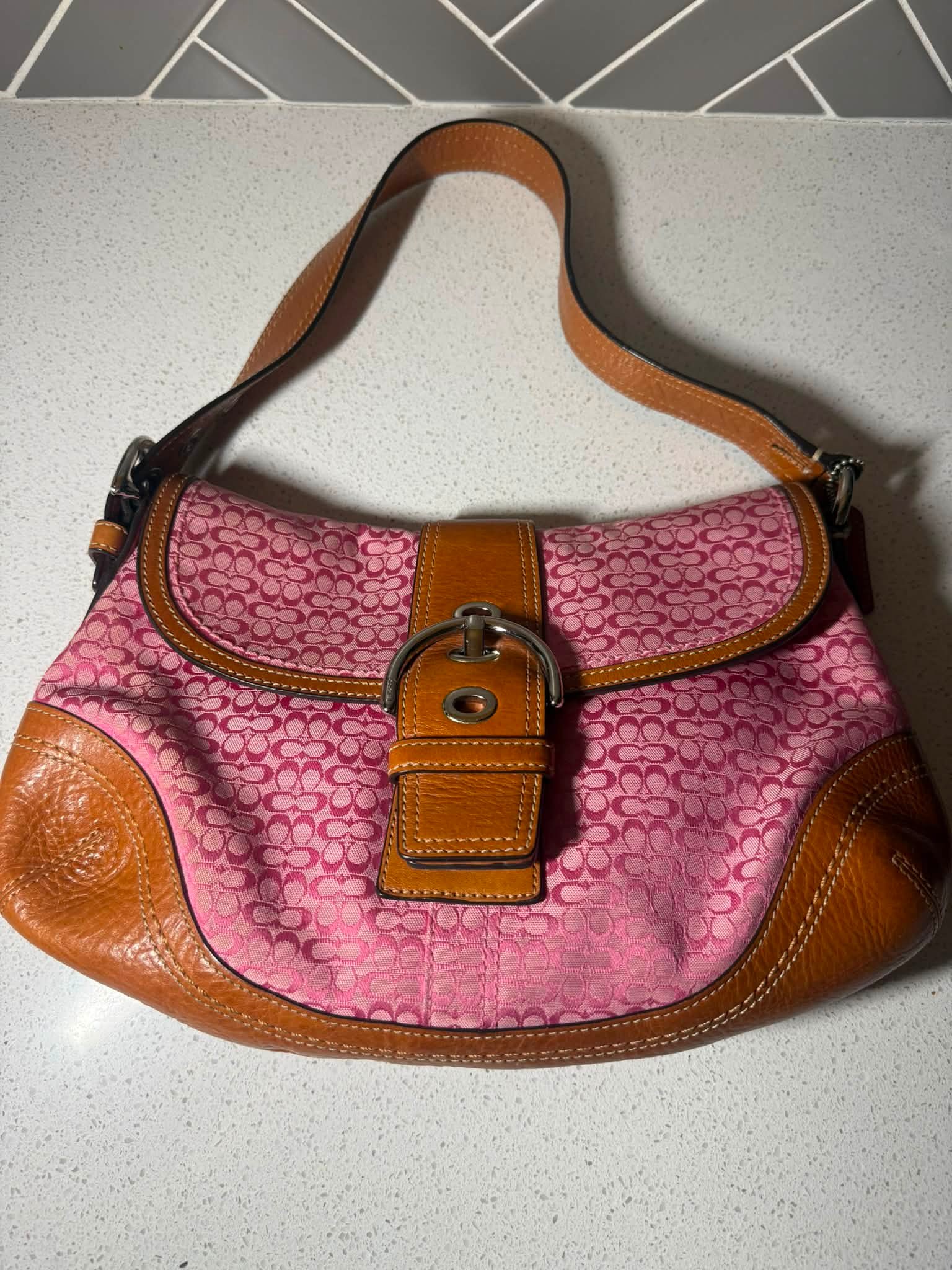 Vintage Y2K Coach Pink Signature Soho Flap Shoulder Bag (Style