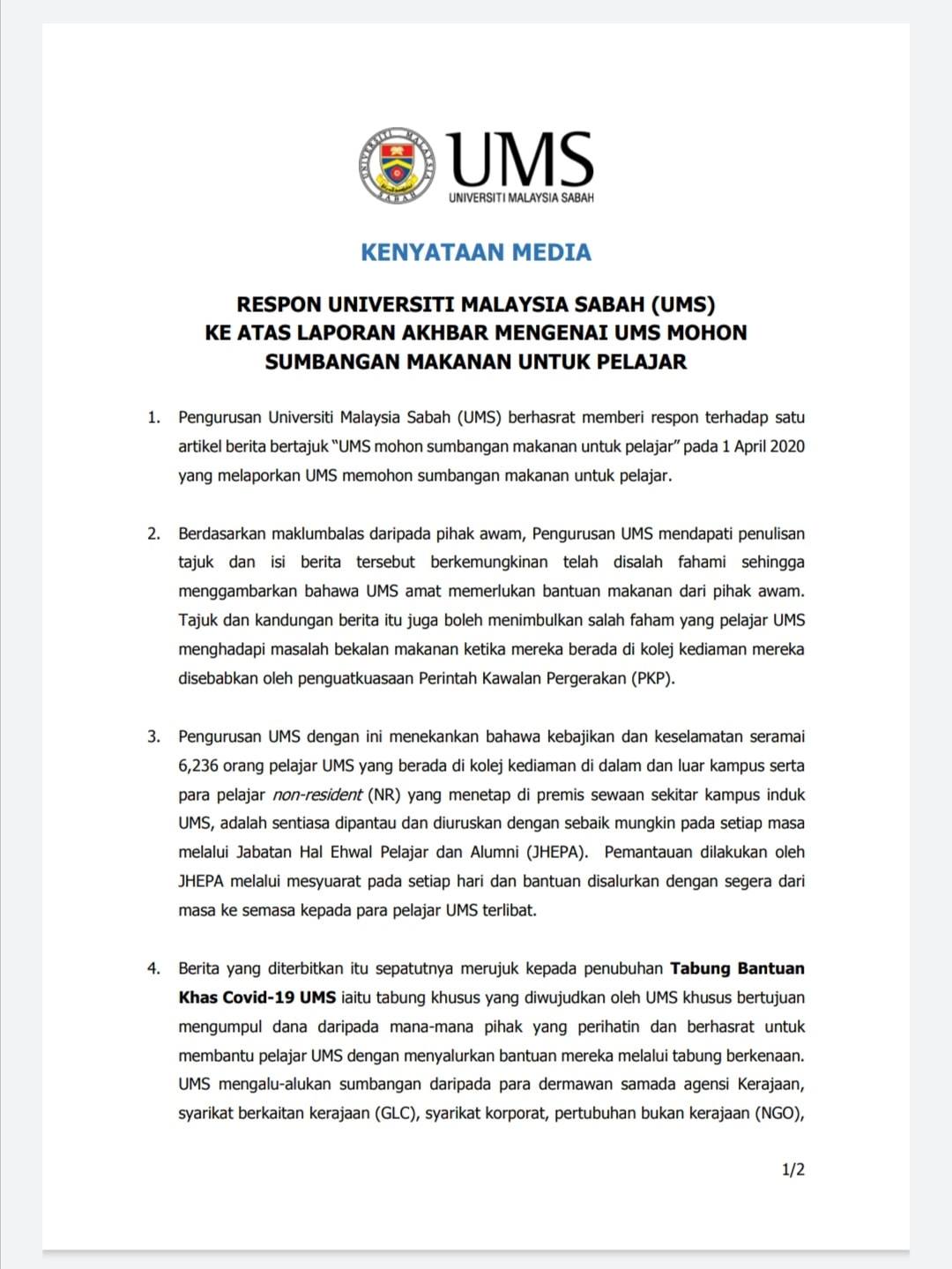 Kenyataan Media Ums 2 April Universiti Malaysia Sabah Facebook