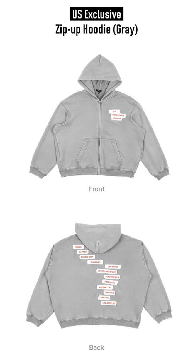 BTS US Exclusive gray zip-up hoodie for sale, size M or L, willing
