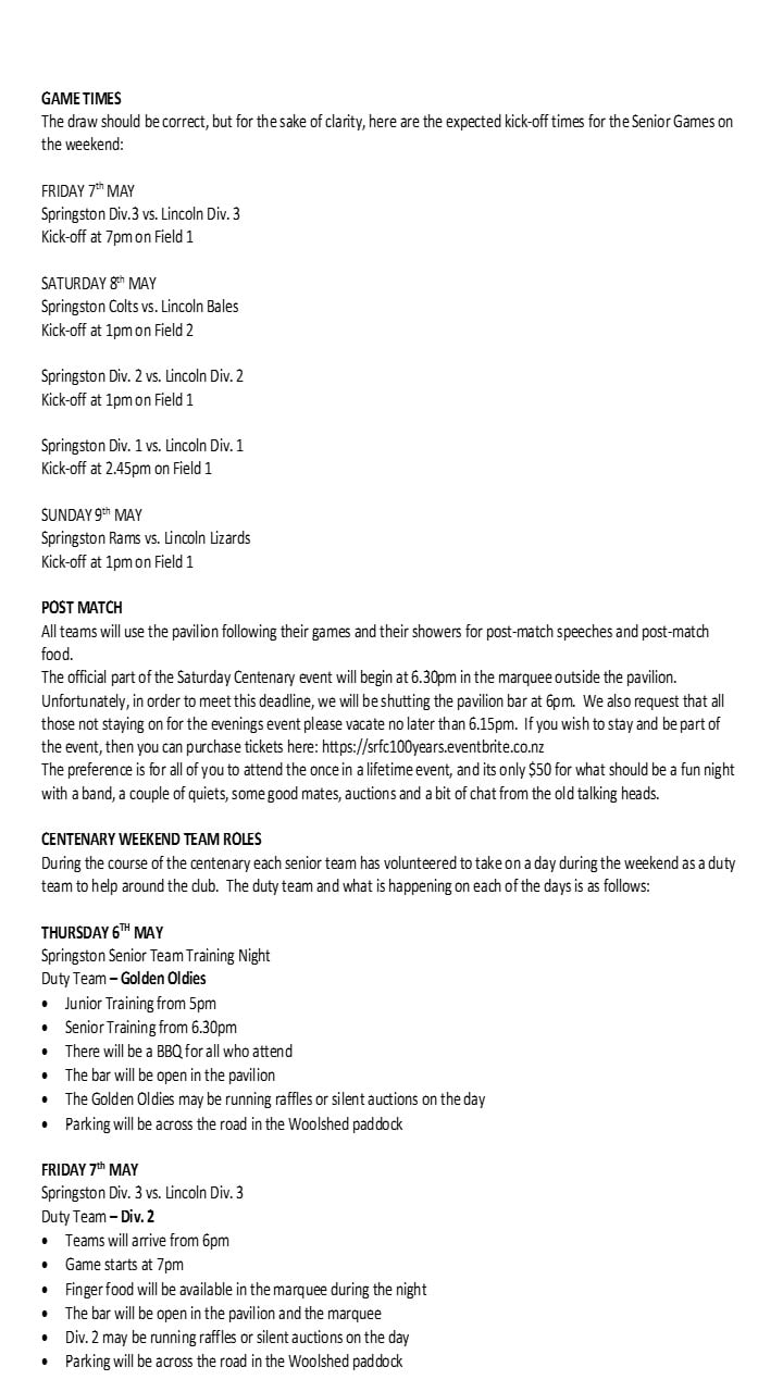 Springston RFC Centenary | Springston