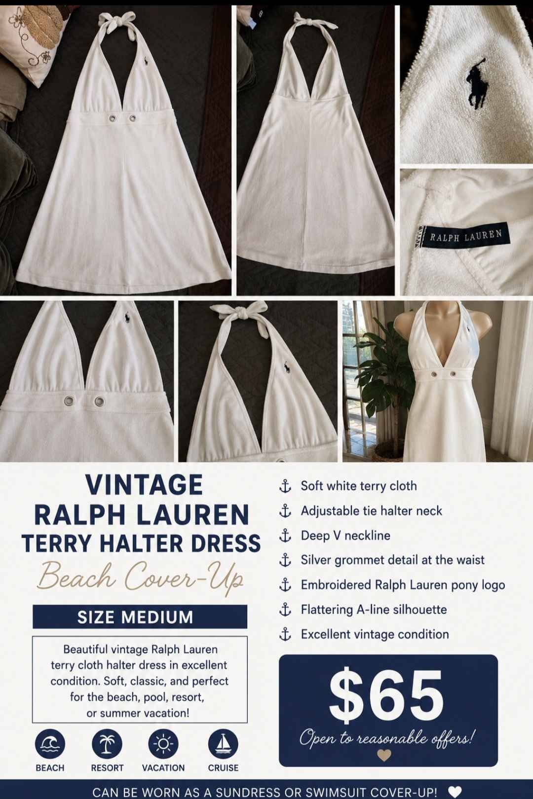 ralph lauren retro terry cloth halter dress Vintage Beach Cover-Up M vintage style gown