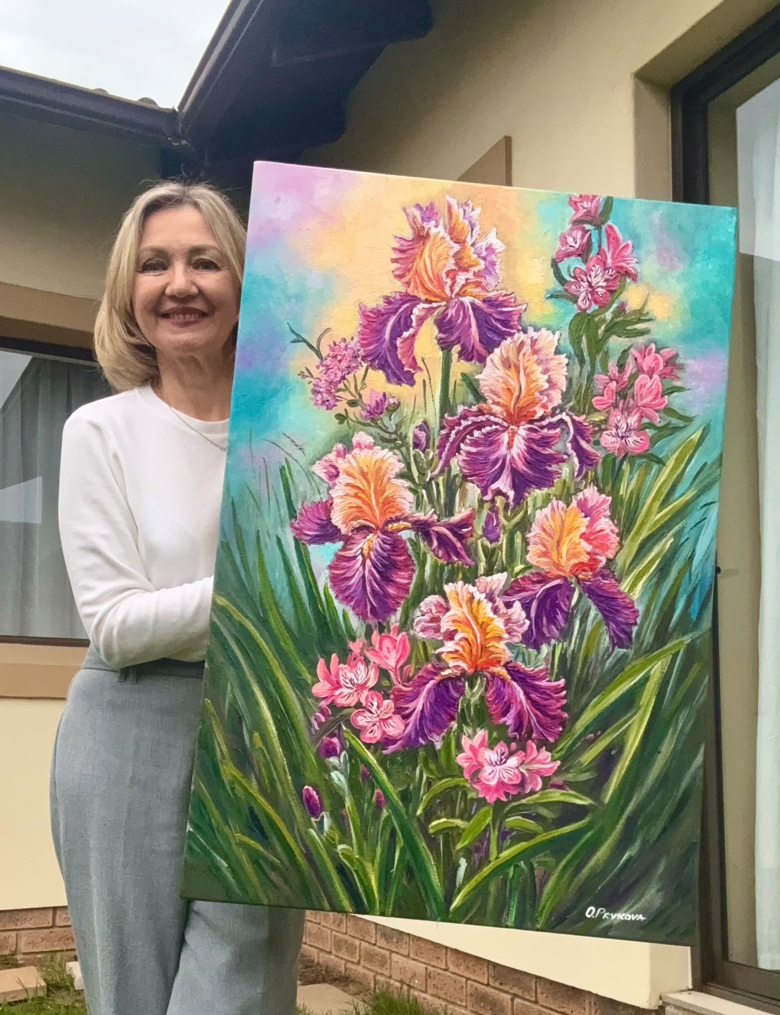 Olga Prykova's Iris Rhapsody oil painting features purple irises
