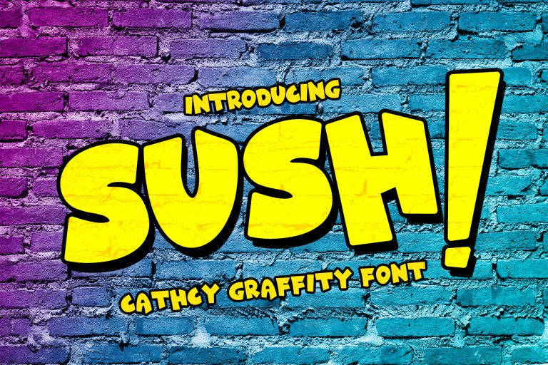 Free Font DL - Sush! is an all caps, catchy and graffiti...