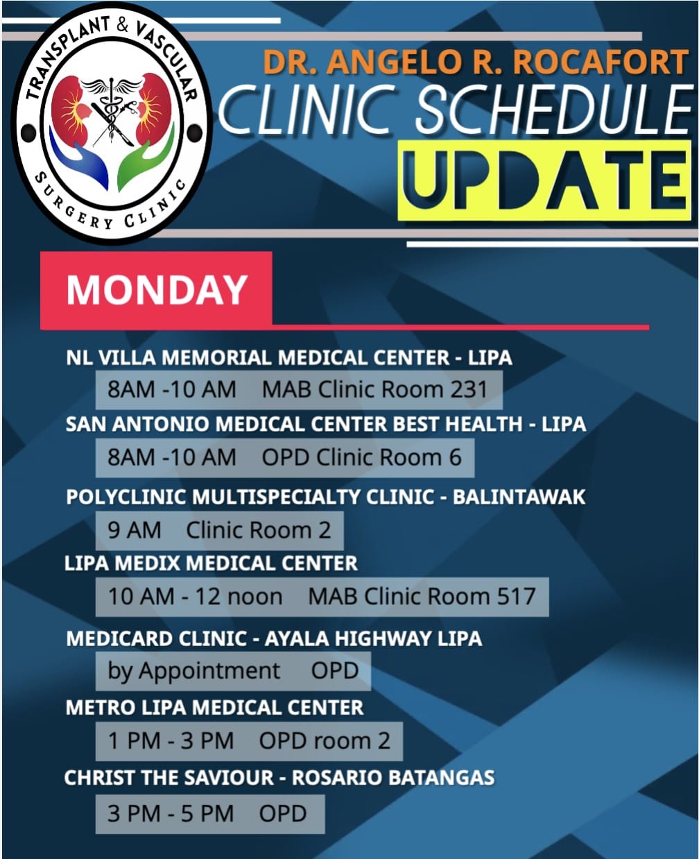 CLINIC SCHEDULE UPDATE!!! - Angelo Rocafort, MD, DPBS | Facebook