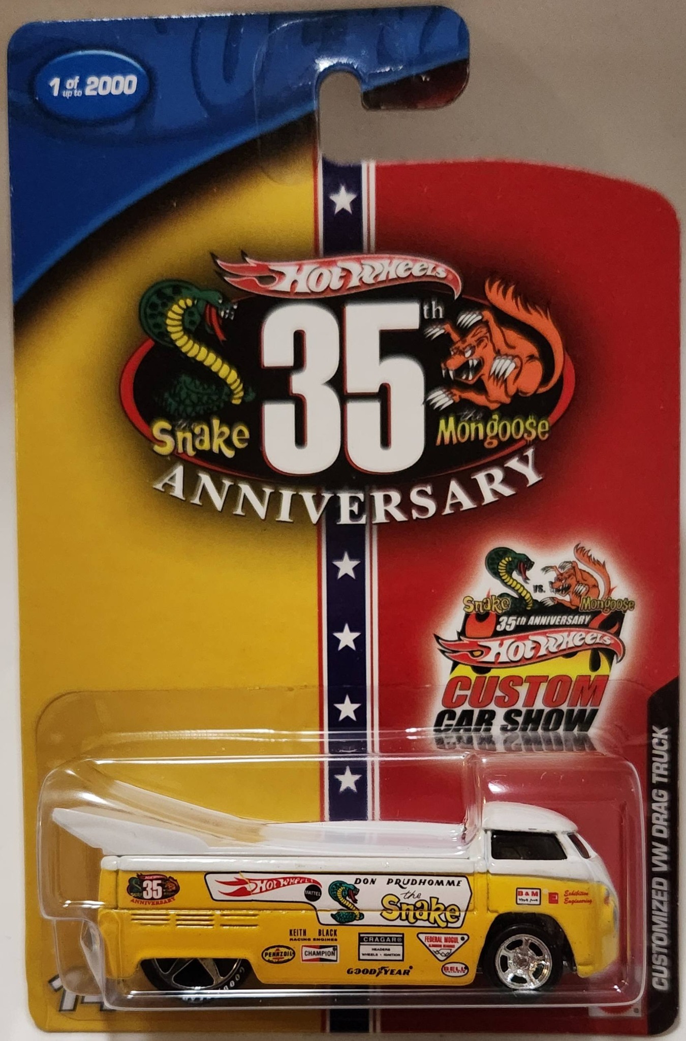 Customized Snake & Mongoose VW drag trucks with yellow and red designs