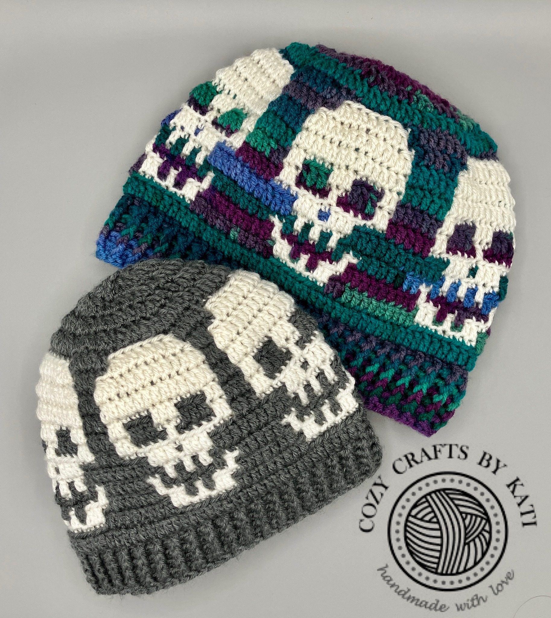 Skull mosaic crochet hats for Halloween from Cozy Crafts by Kati