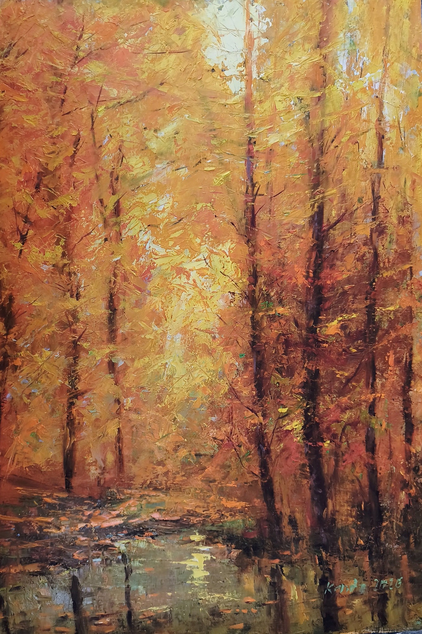Autumn glow. Oil on wooden panel. 50 X 35 cm. By István Kenéz. Hungary