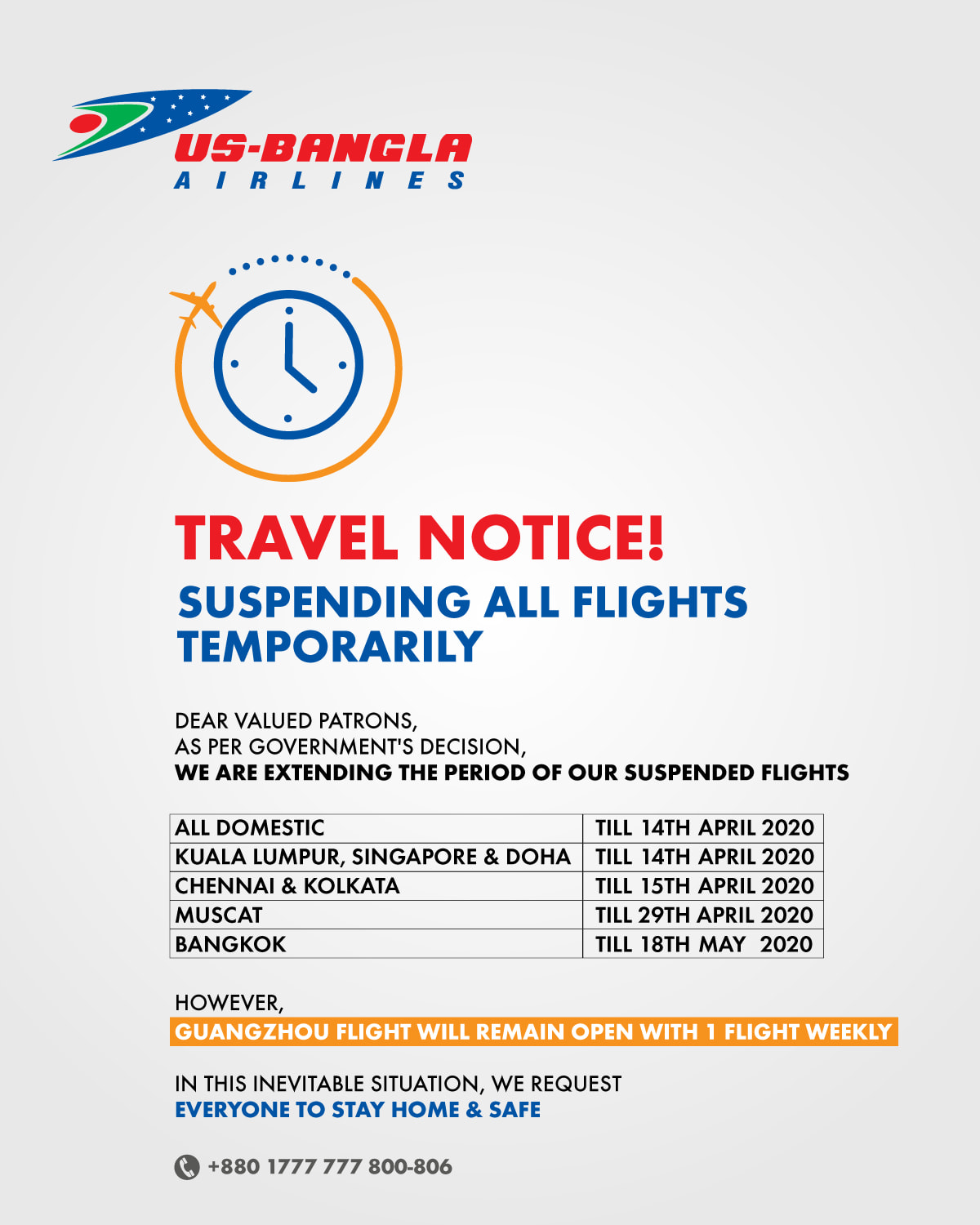 Us Bangla Airlines Travel Notice Suspending All Flights Temporarily As Per Government S Decision We Are Extending The Period Of Our Suspended Flights All Domestic Till 14th April Kuala Lumpur Till 14th April