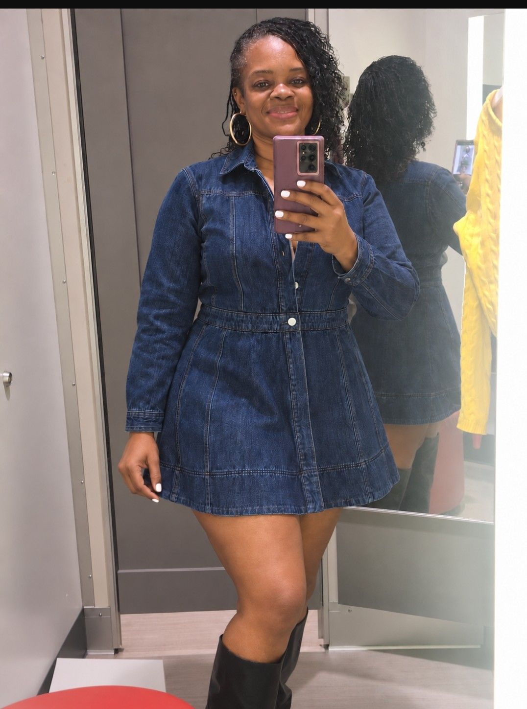 Flattering denim dress with boots