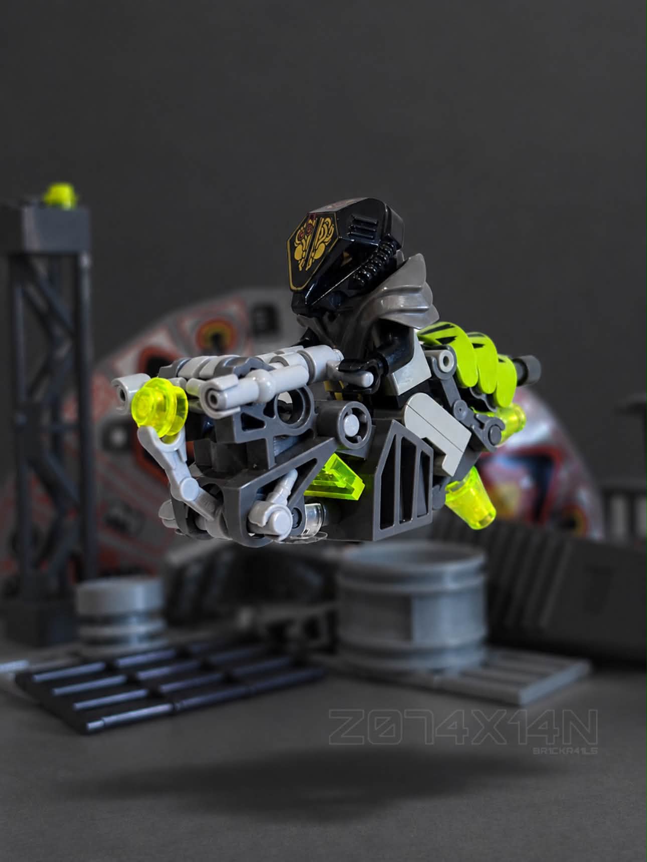 Custom Spindlejack LEGO MOC on metallic wreckage with neon-green