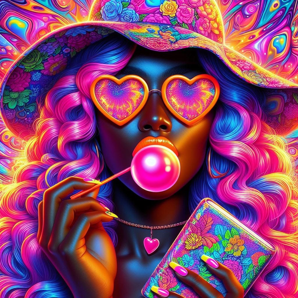 Vibrant bubblegum pop inspired digital art of Caribbean female