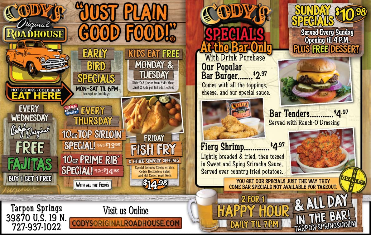 Cody S Original Roadhouse Tarpon Springs Fl Our Happy Hour Starts At 3 Sit At The Bar Top And Get Great Food Specials Facebook