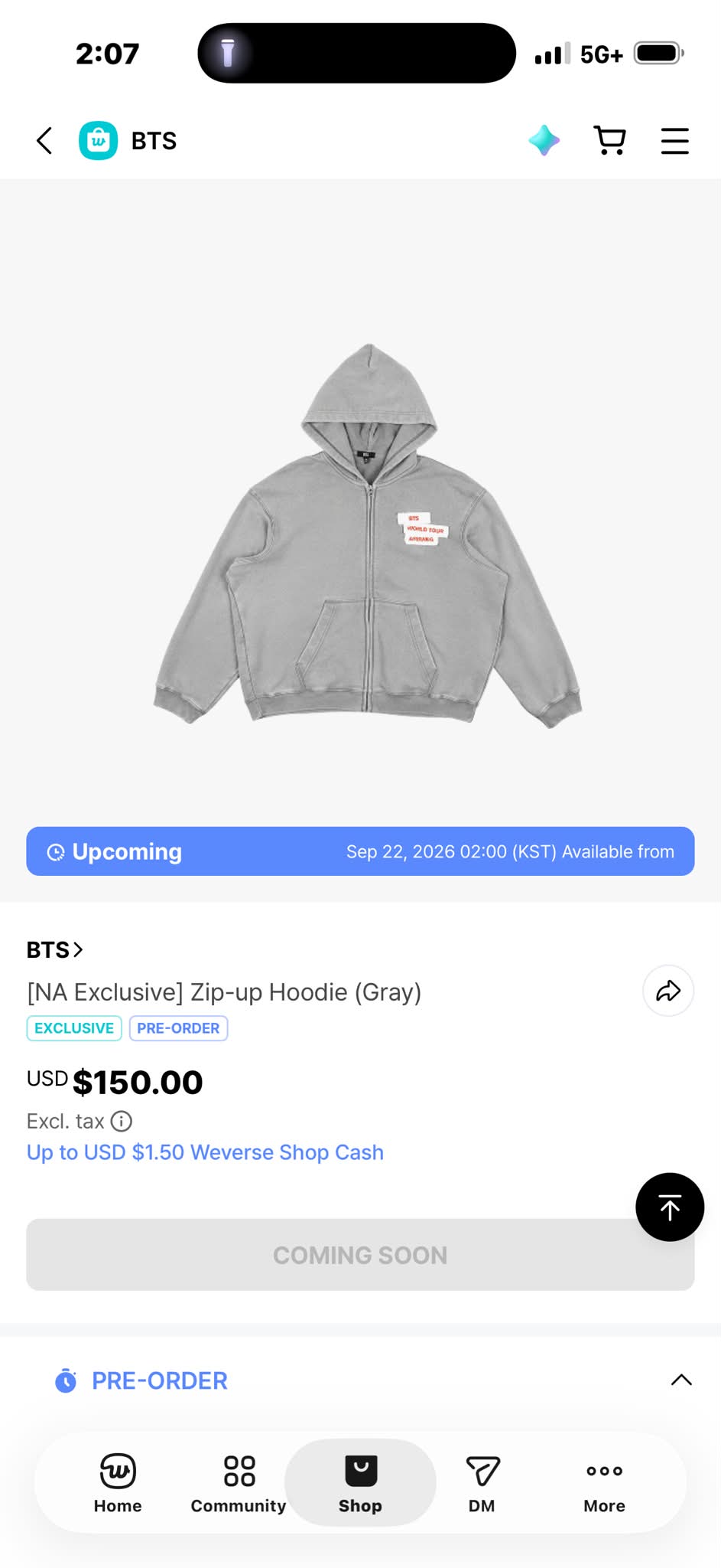 BTS NA Exclusive grey zip-up hoodie sizing question