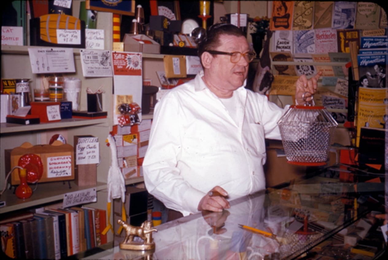 Don Seth behind the magic counter at Easley's Fun Shop. Year unknown ...