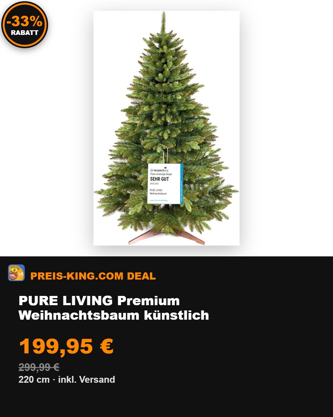 Premium Weihnachtsbaum 220 cm von PURE LIVING** 🔥 199,95 € inkl. Versand statt 299,99 € -33% 🔥 Der hochwertige Baum lässt sich leicht aufbauen und bleibt jahrelang schön. Greift zu, solange