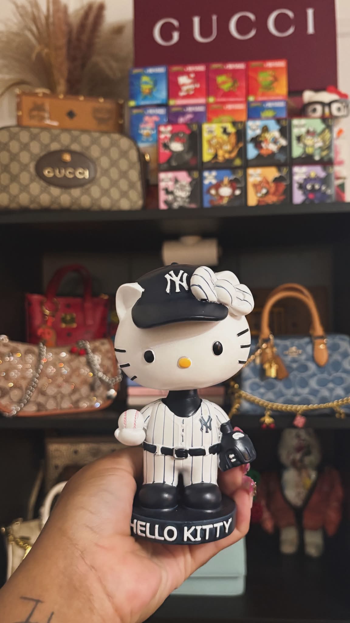 A new Hello Kitty x Dodgers baseball helmet bobblehead has been