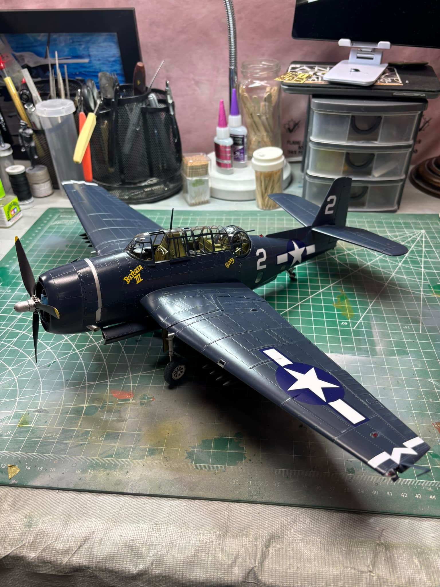 Trumpeter 1/32 TBM-3 Avenger model with tri-color paint scheme