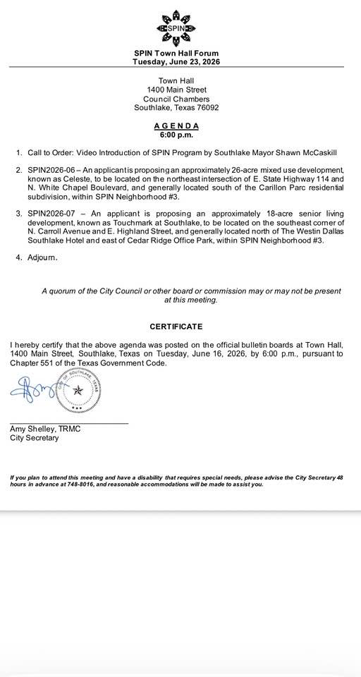 Southlake SPIN meeting agenda for June 23