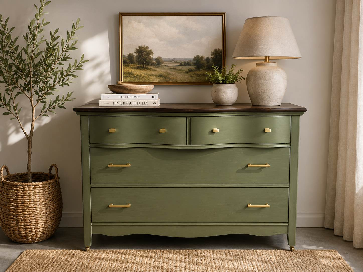 dark sage green dresser Refurbished has a painted finish and a wood stained top. The piece features a serpentine front design with four drawers. Gold-toned hardware includes two knobs on the top beach wedding dress