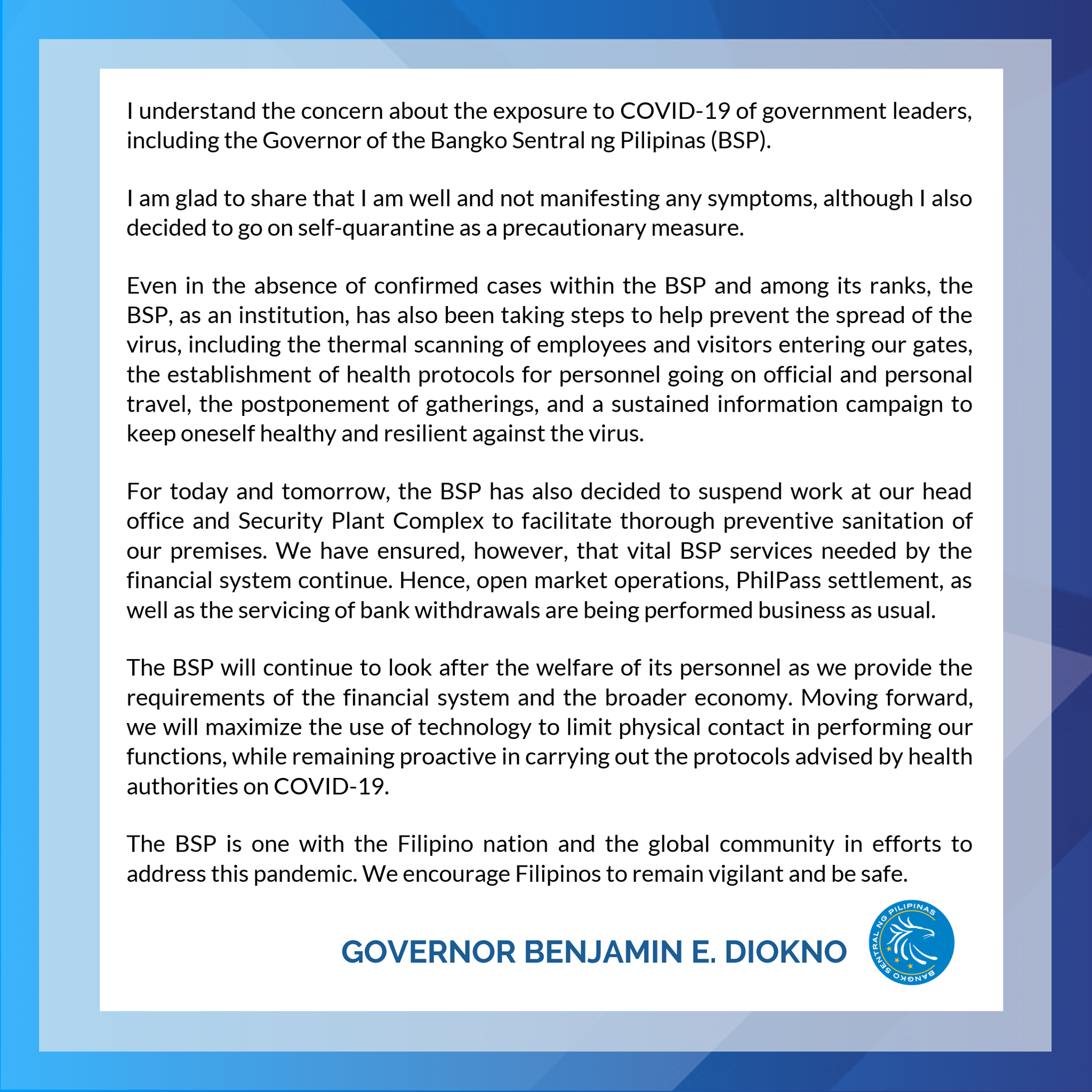 Statement of BSP Governor... - Bangko Sentral ng Pilipinas | Facebook