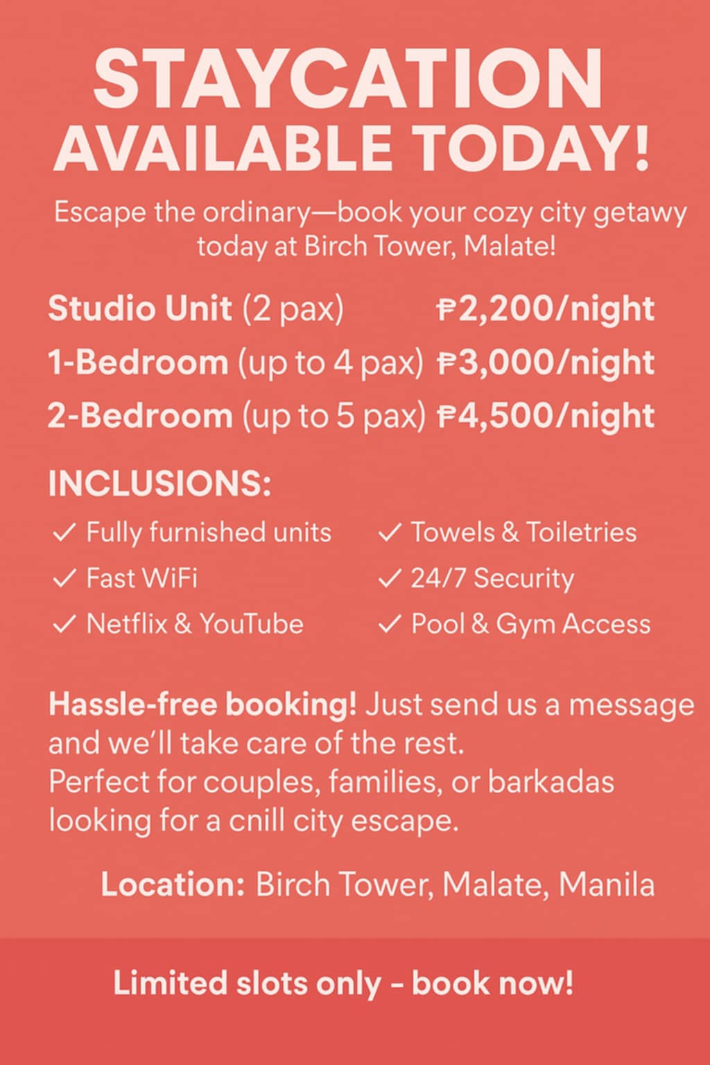 LF STAYCATIONERS IN METRO MANILA ONLY|STAYCATION SEEKERS IN MALATE ...