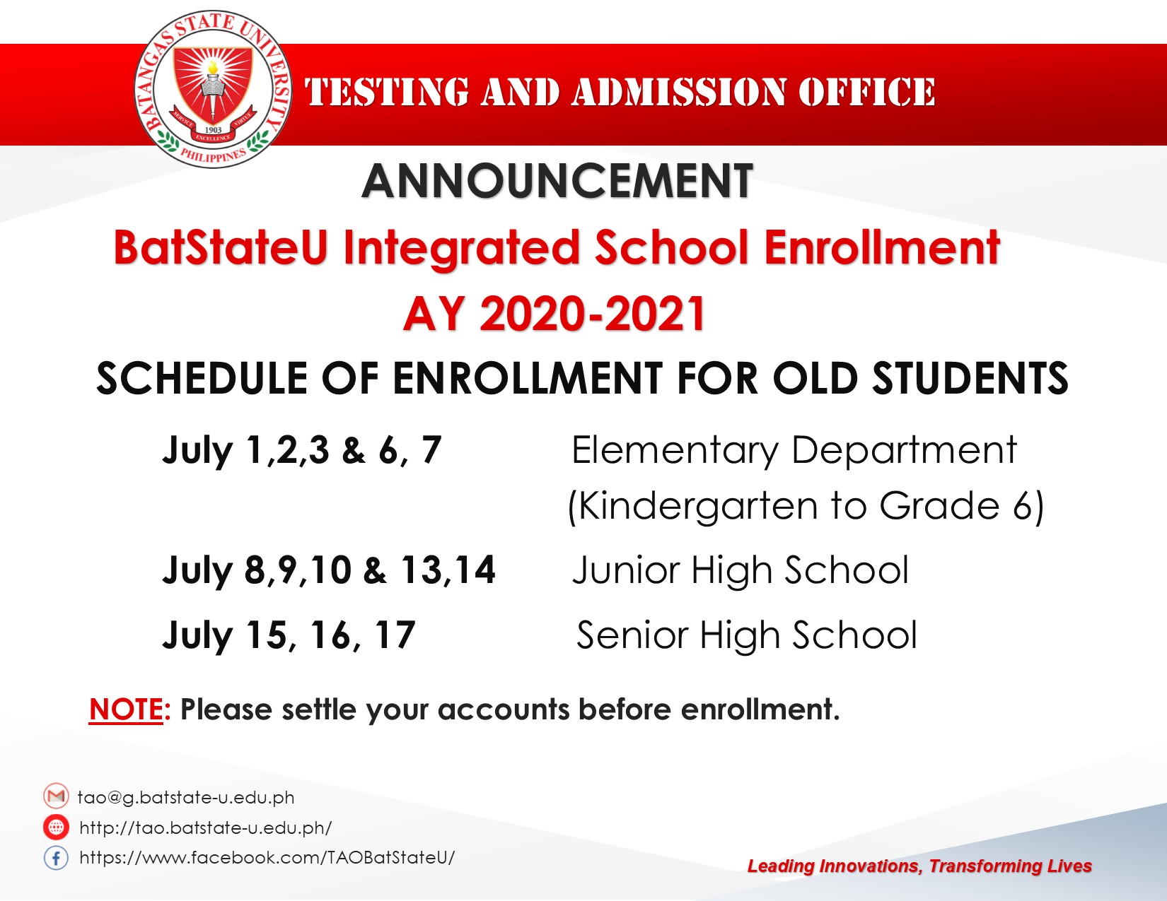 ANNOUNCEMENT BatStateU Integrated School Enrollment AY 2020-2021 ...