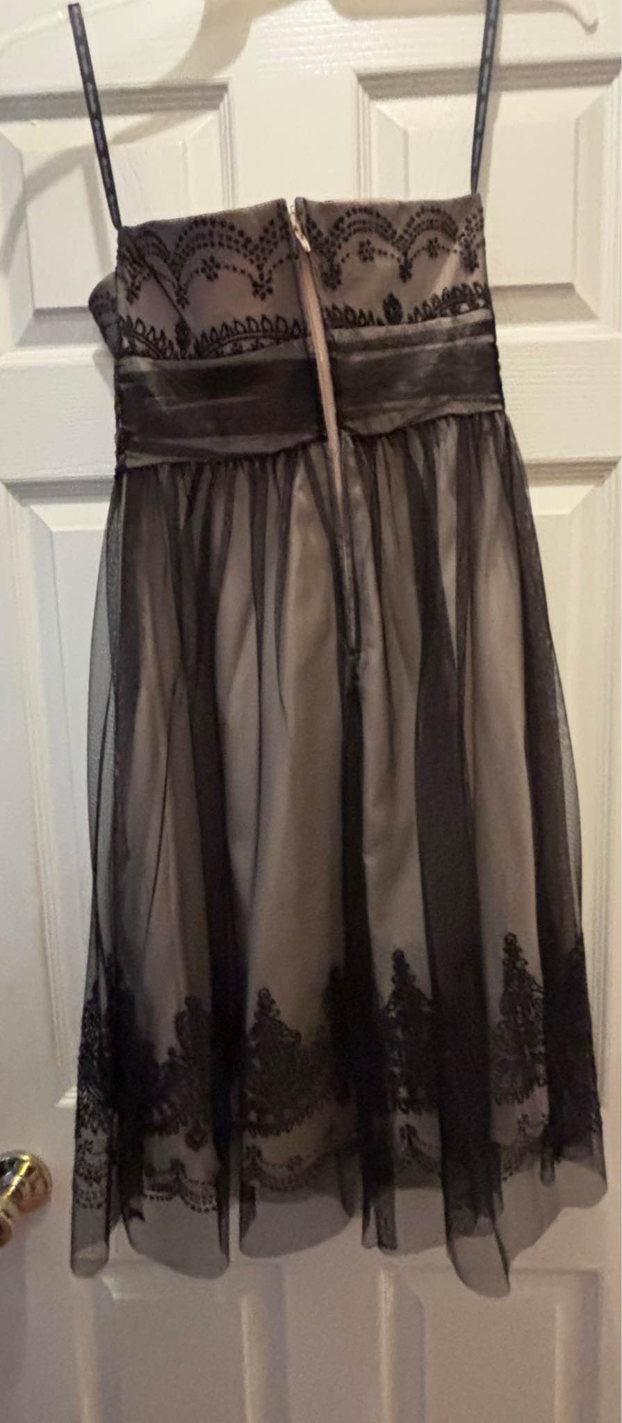 Black lace strapless dress with cream colored underlay underlay. Nice embroidery on bodice and at hem