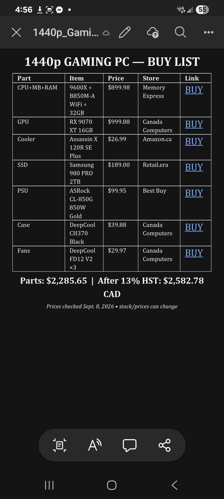$2582.78 CAD 1440p gaming PC build components and parts list