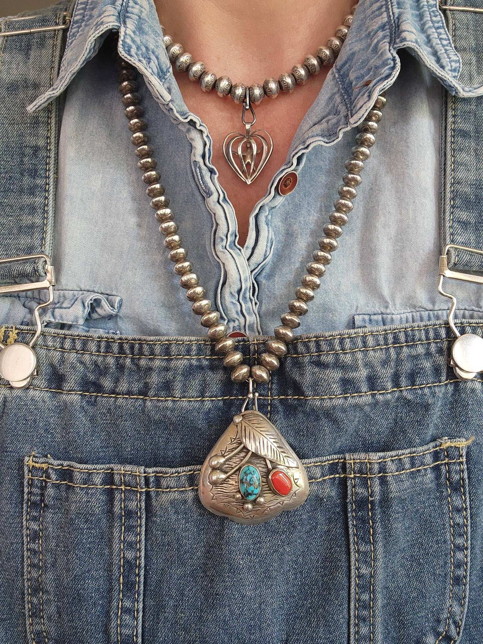 Vintage Navajo sterling silver turquoise and coral pendant for sale