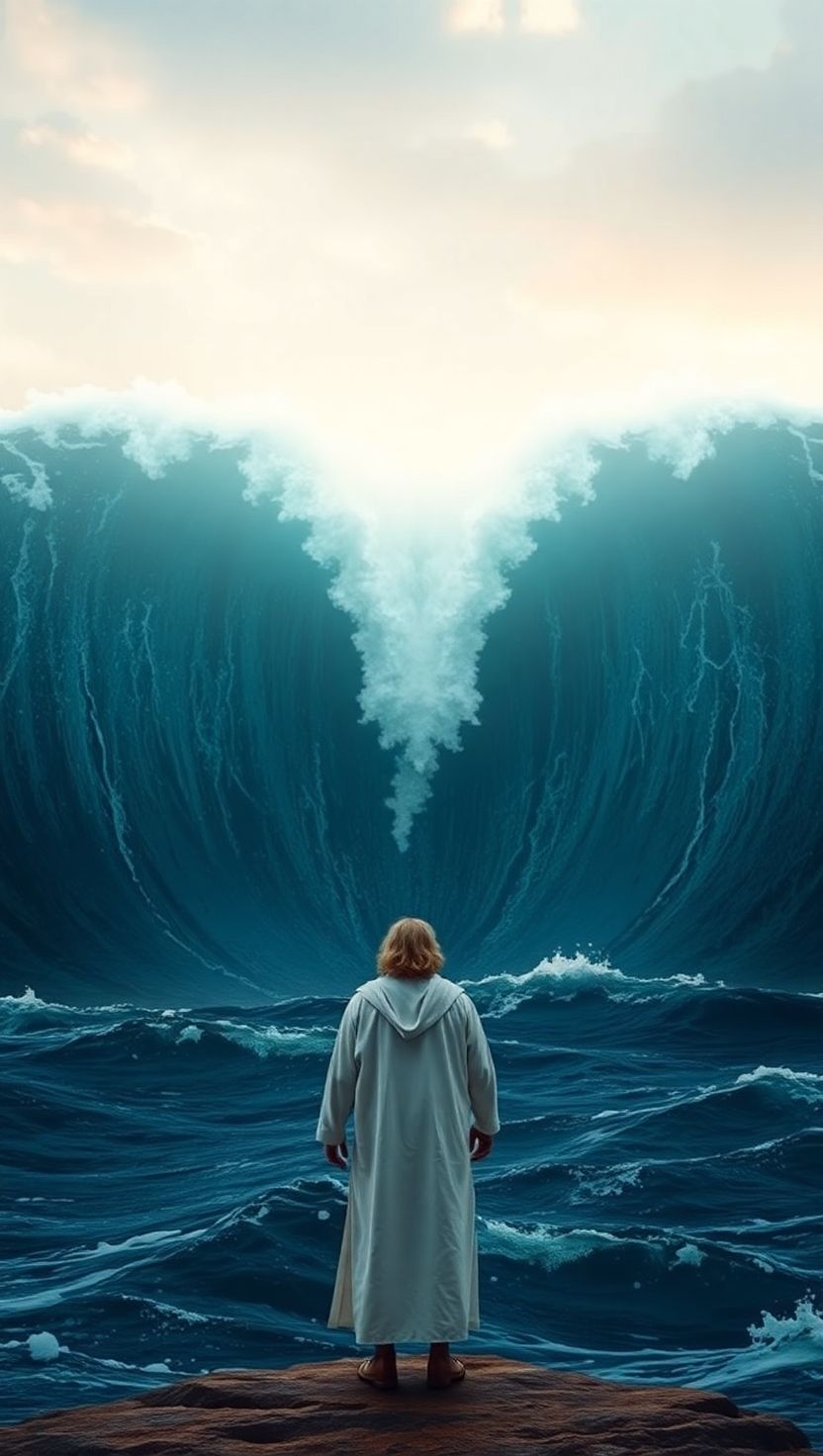 A surreal scene of Moses and Jesus having coffee in the middle of