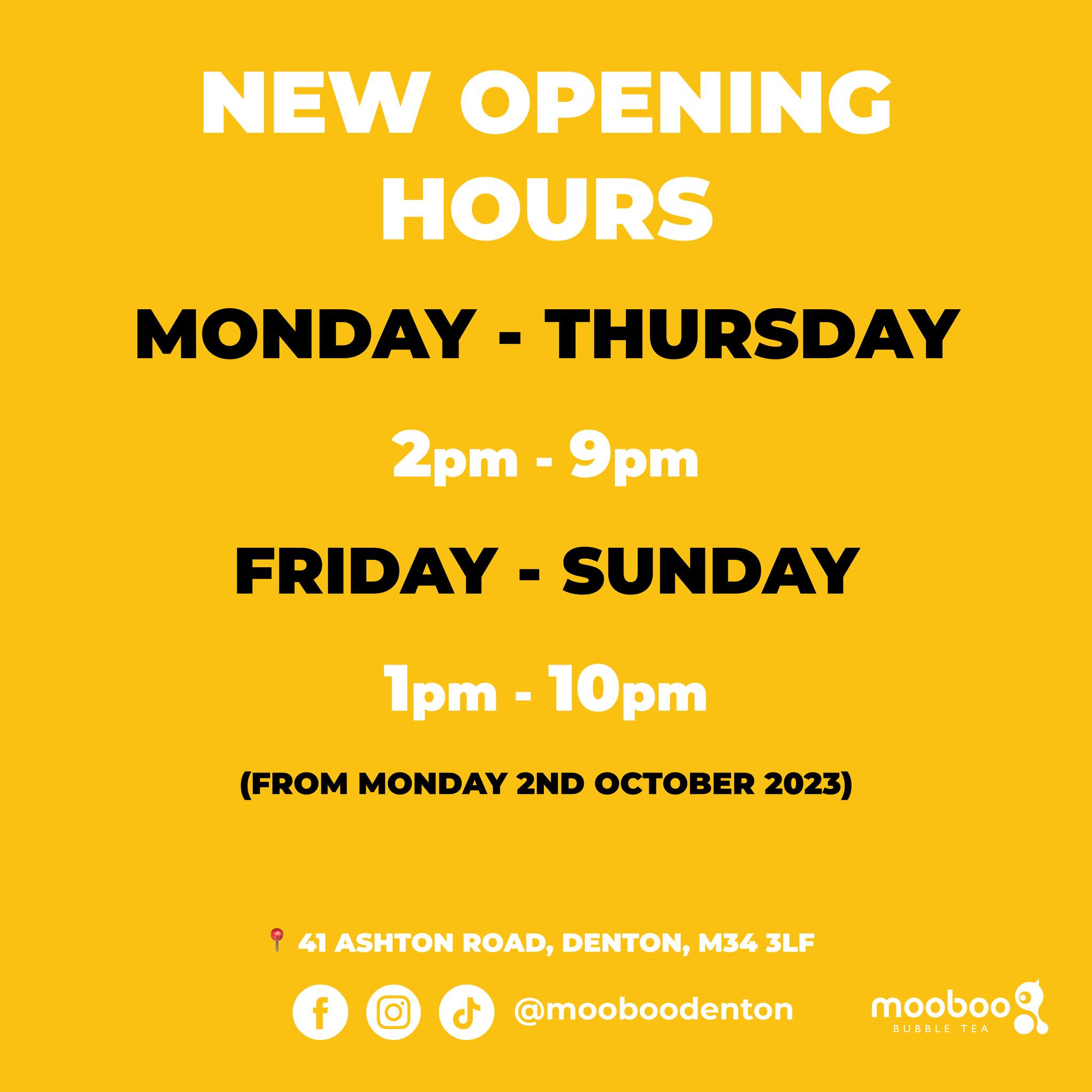 Mooboo - 📢 NEW OPENING HOURS 📢 FROM MONDAY 2ND OCTOBER 2023, OUR ...