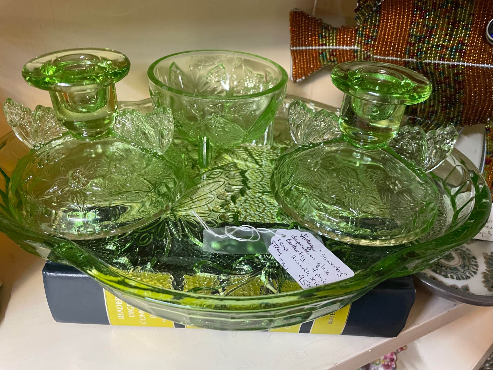 vintage green glass dressing table set Sowerby Pressed Butterfly Vanity from the 1930s In Mount Dora first come first serve no spam. Please check out my other post dress_type_Fit and Flare