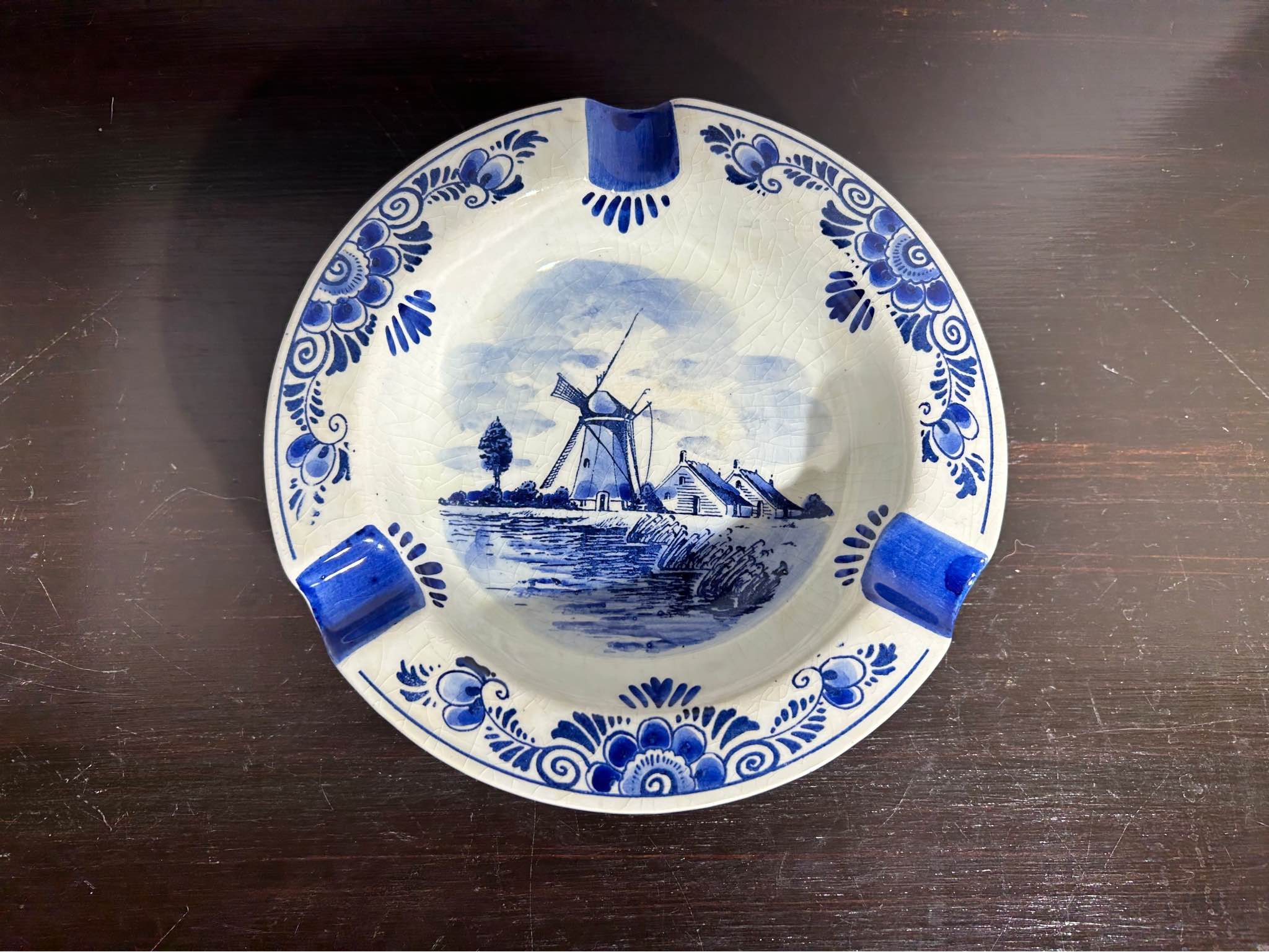 Vintage Delft Blue Hand Painted Windmill Ashtray - Trinket