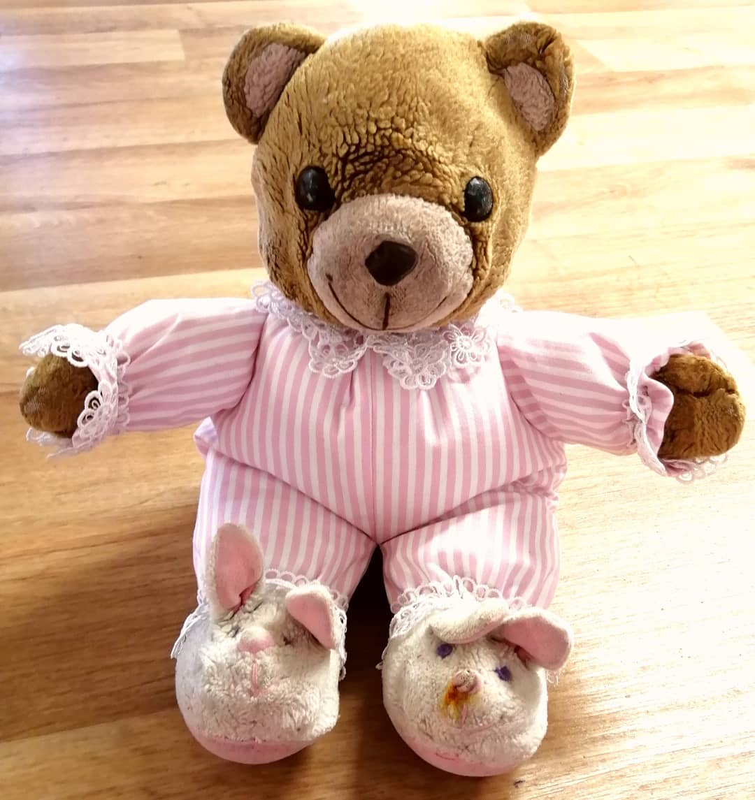 vintage teddy bear with lace ribbon Vintage jointed bear dressed