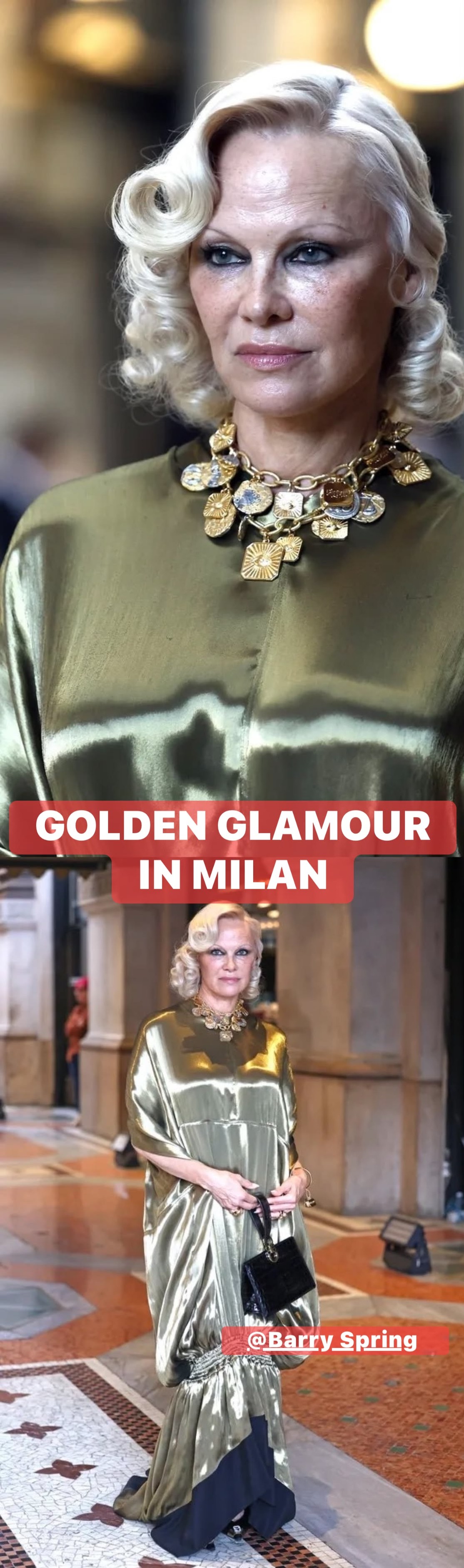 pamela anderson gold dress Golden hour took on a whole new meaning in Milan! ✨ brought old-Hollywood glamour to Vogue World, shimmering in a liquid-gold Fall/Winter 2026 gown by Ferragamo paired with stunning midi dress pattern
