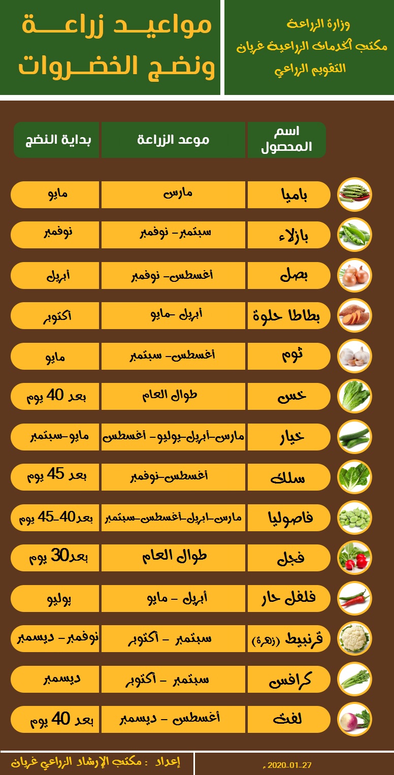 التقويم الزراعي مواعيد زراعة و نضج الخضروات إعداد مكتب الإرشاد وزارة الزراعة و الثروة الحيوانية و البحرية قطاع الزراعة غريان Facebook