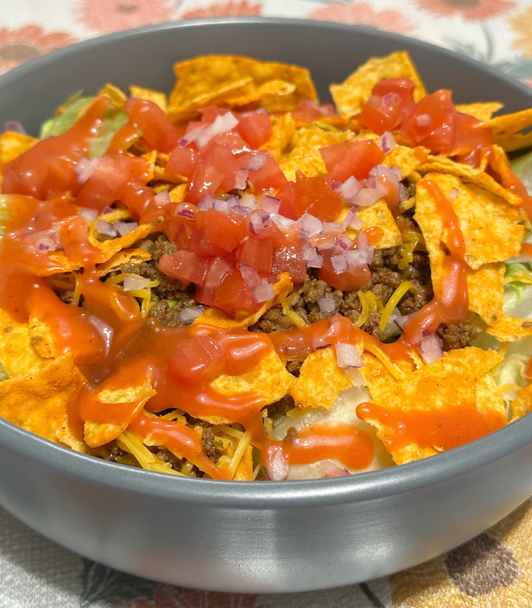 dorito taco salad with catalina dressing Tonight's dinner was this delicious and it was SO good! 😍🌮🥗 Someone recently recommended topping taco salad dressing. I had never tried it before and honestly wasn't Printed Chiffon Chiffon Dress January 26 Taco meat Size:L_22-24