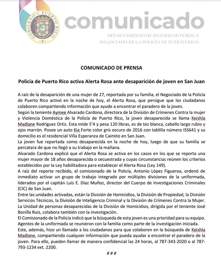 POLICÍA ACTIVA ALERTA ROSA ANTE... - Policía de Puerto Rico