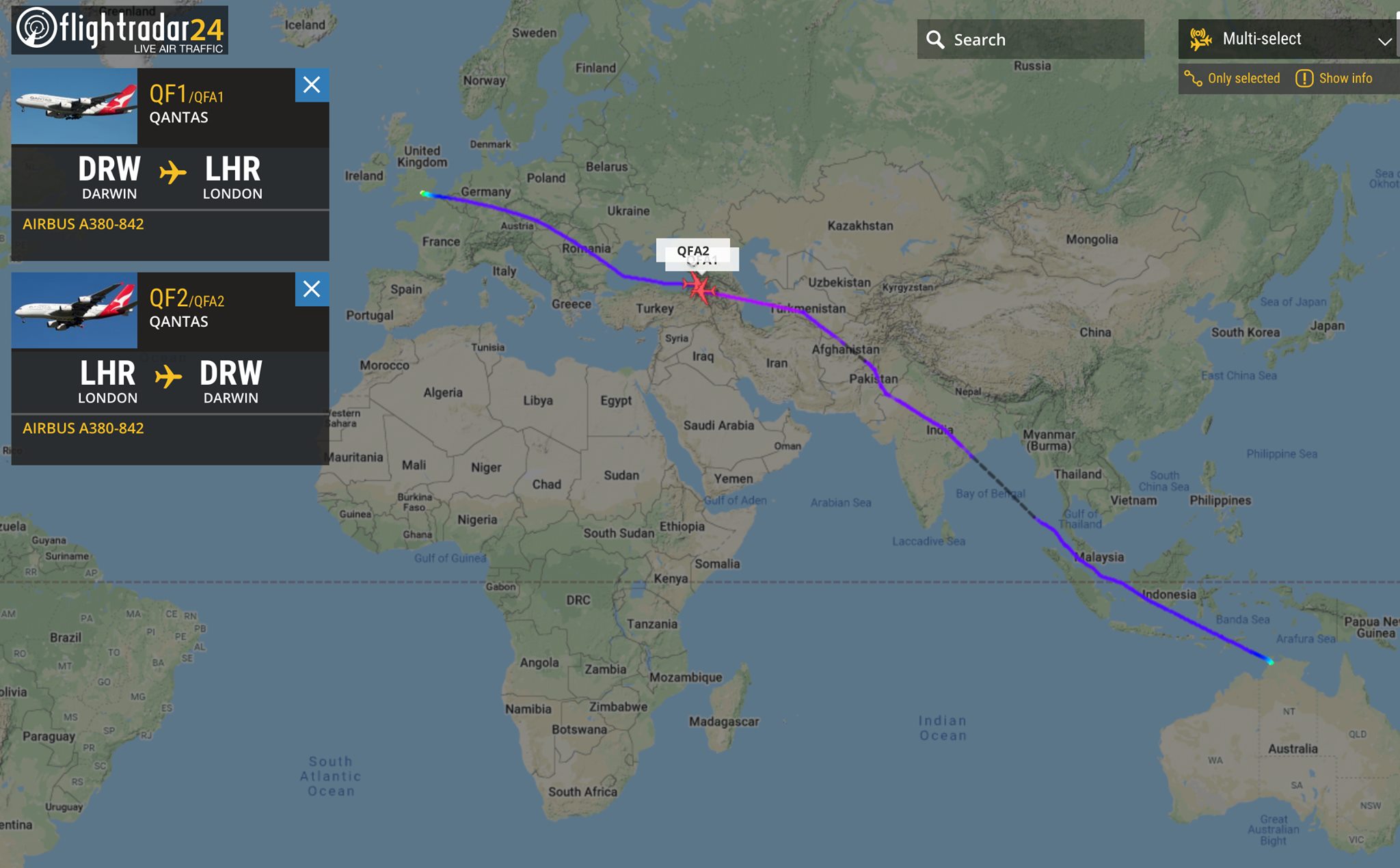 #QF1 and #QF2 passing each other in... - Flightradar24.com | Facebook