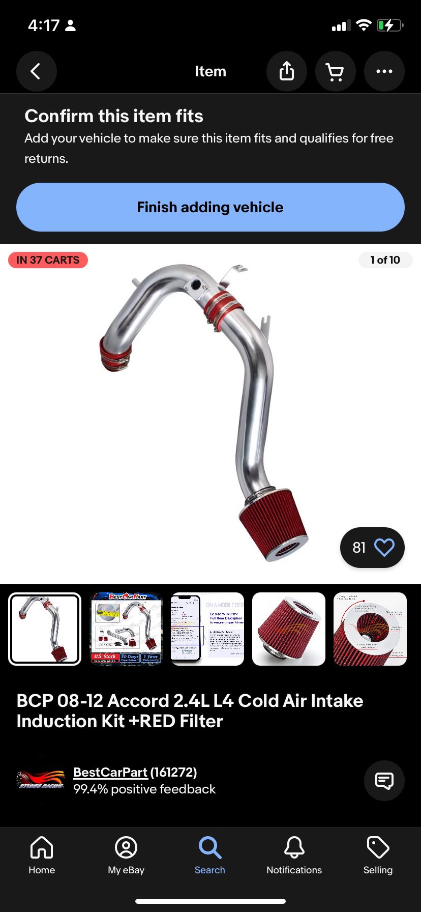 Red Short Ram Air Intake Kit For 2013-2017 Honda Accord 2.4L L4 – 2.75" Diameter 3 thumbnail image