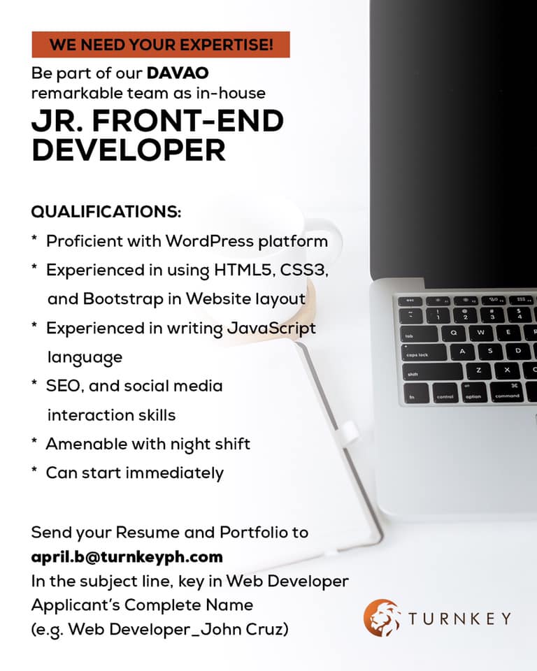 📣📣📣WE ARE HIRING: JR.FRONT-END... - Turnkey Philippines | Facebook