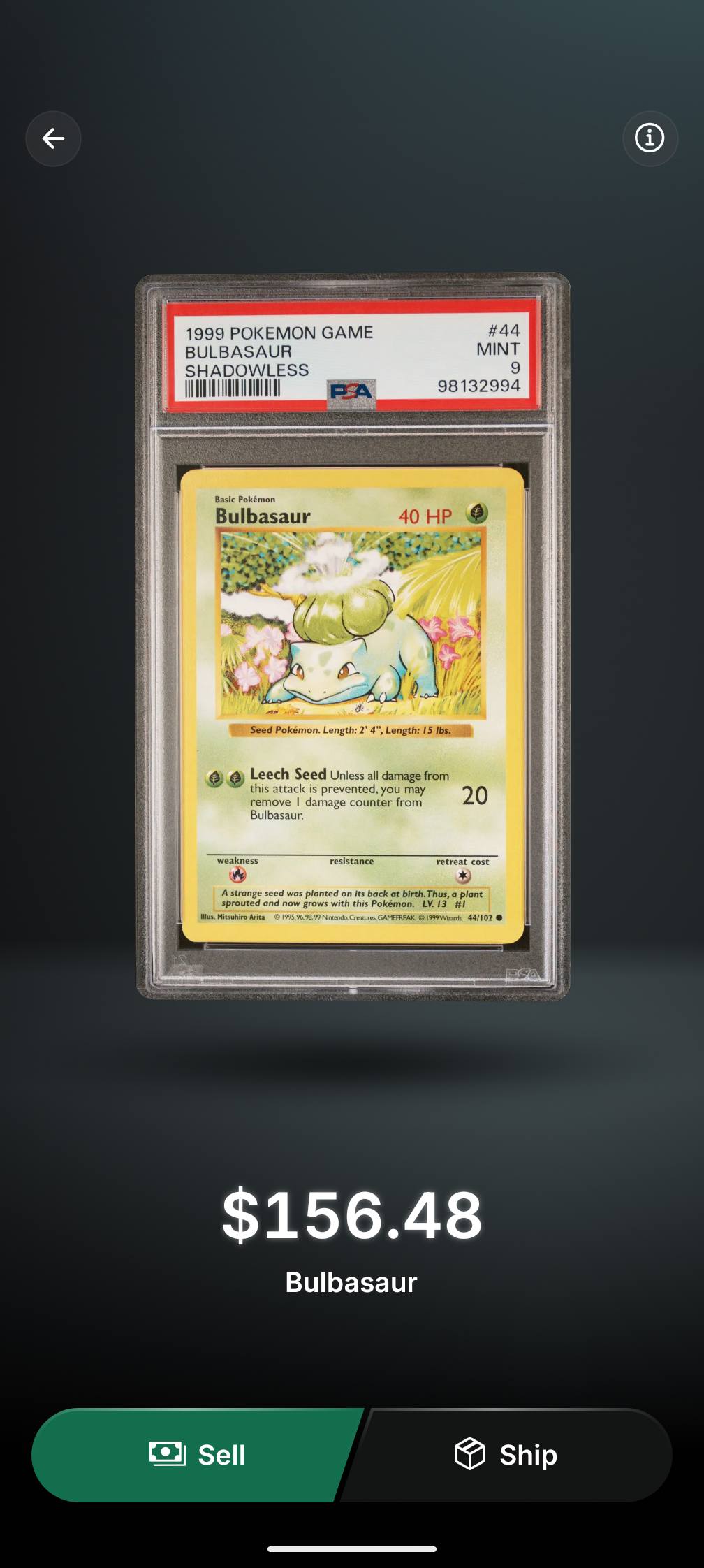 Bulbasaur 1999 Pokemon Game Card Shipping or Selling Decision