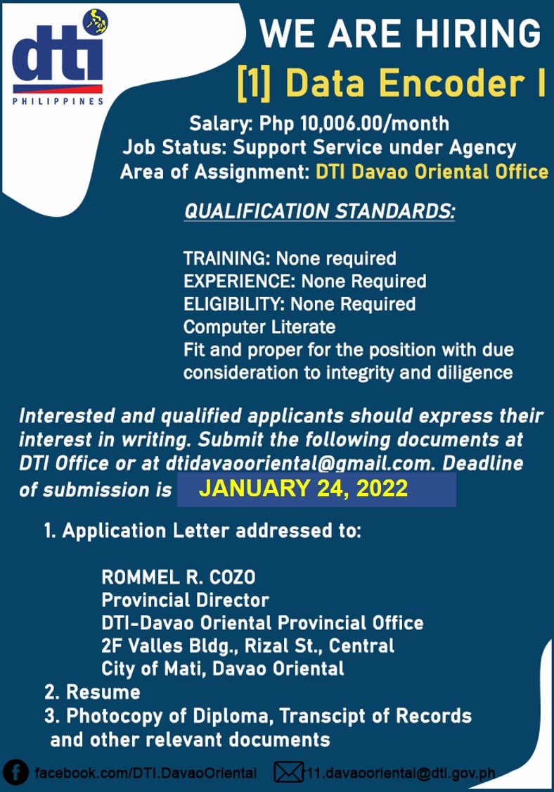 JOB OPPORTUNITIES [1] Data Encoder I... - DTI Davao Oriental