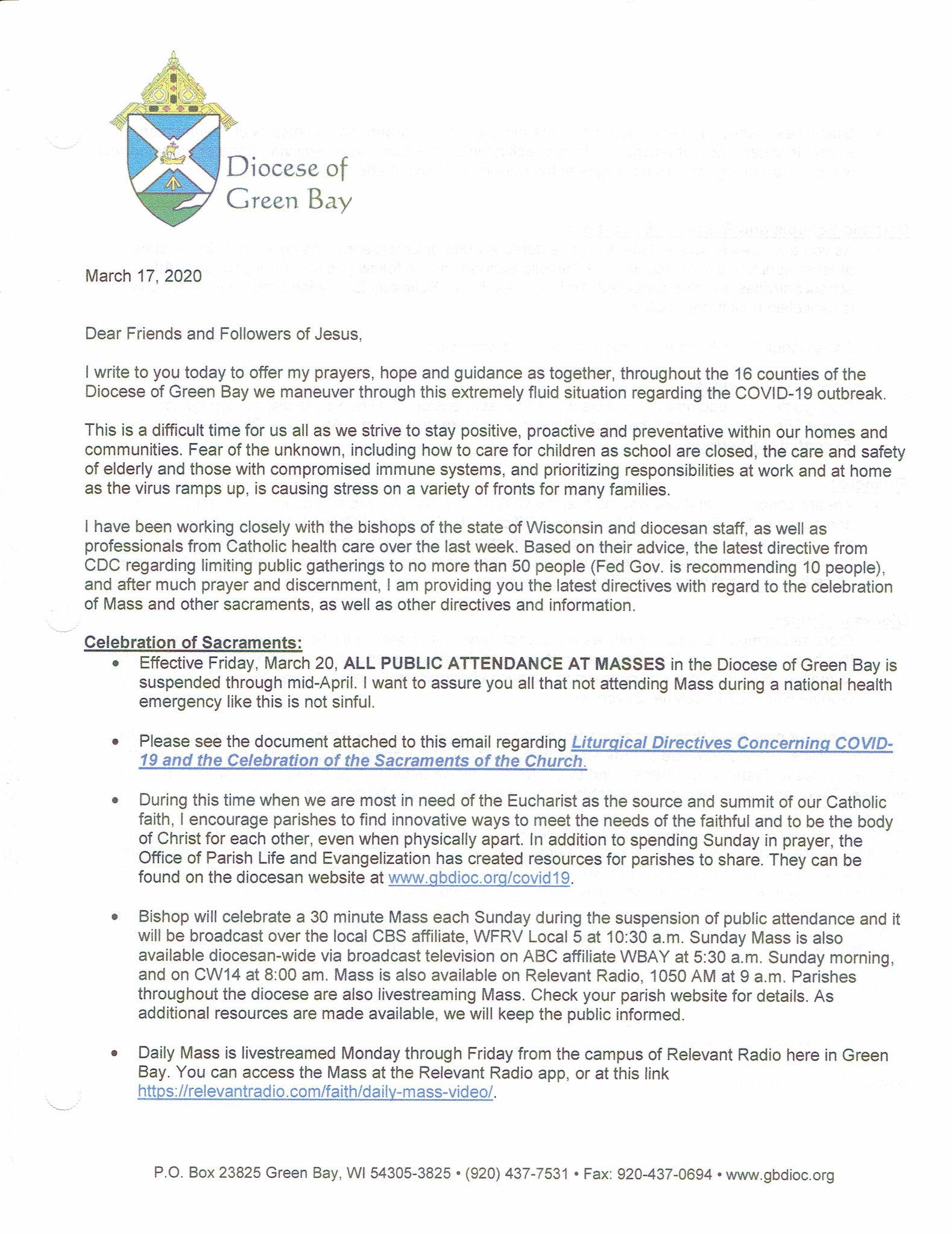 St. - Bishop Ricken has cancelled all public Masses both weekday and ...