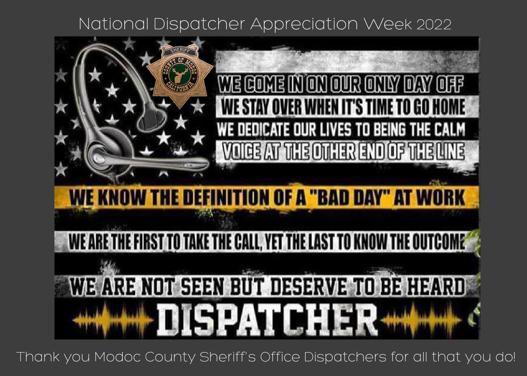 Modoc - ⭐️Today starts National Dispatcher Appreciation Week! ⭐️We ...