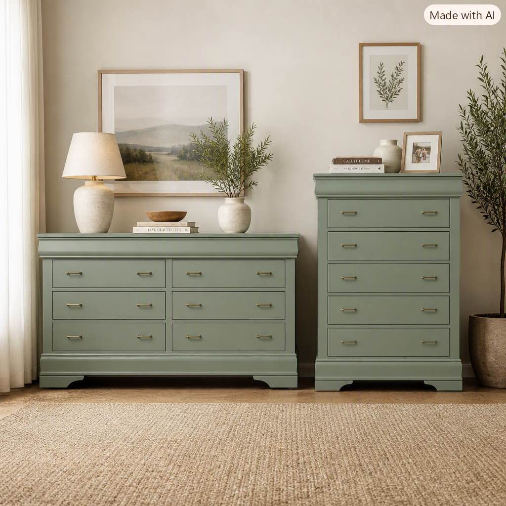 ashley furniture green dresser Refinished and chest of drawers from Furniture. Painted in a lovely sage with new champagne bronze hardware for a modern sleek look. Long dresser has 8 drawers and tall Minis